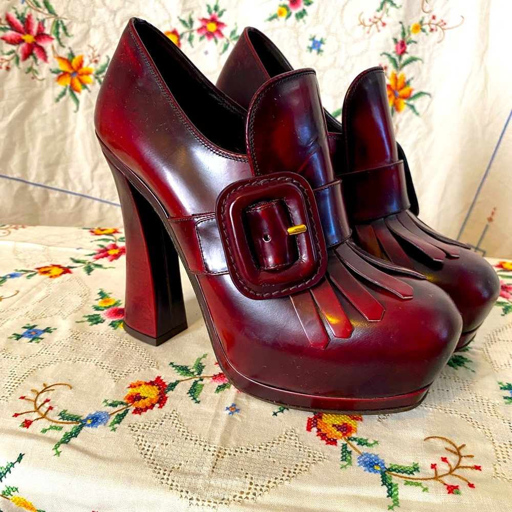 SOLD!! MIU MIU OXBLOOD RED LOAFER PLATFORM HEELS - Picture 1 of 6